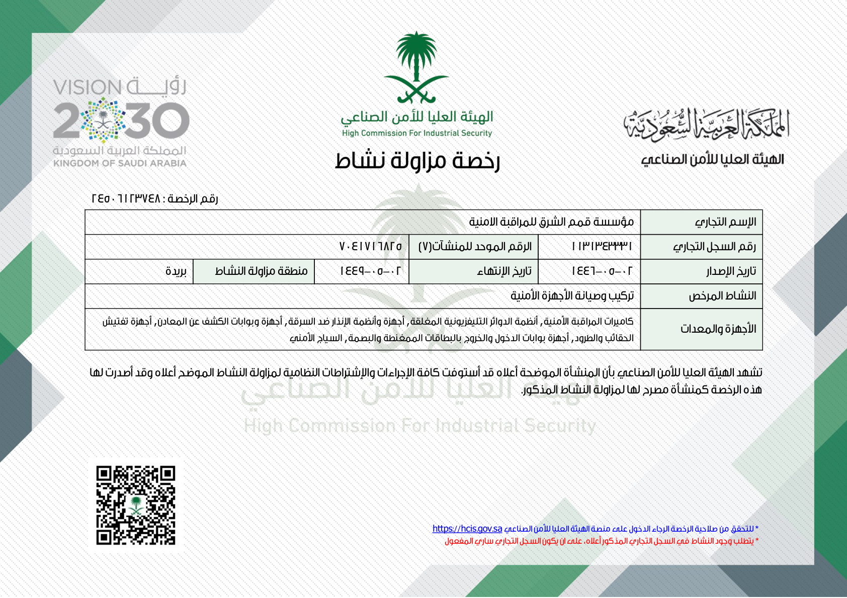 ترخيص الهيئة العليا للأمن الصناعي